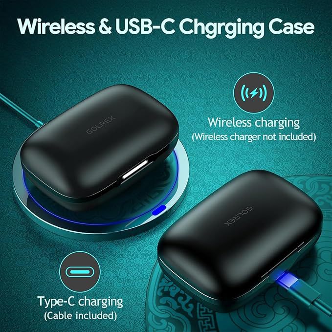 Two black charging cases with text indicating wireless and USB-C charging on a teal background.
