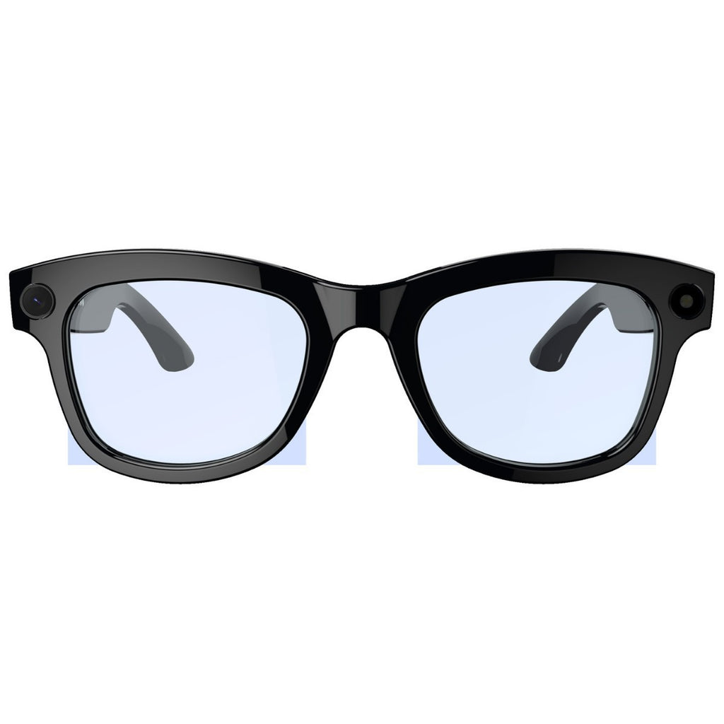 Black glasses with blue-tinted lenses on a white background