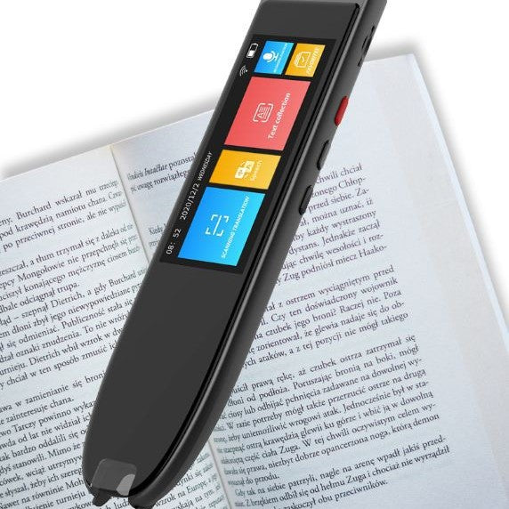 Electronic dictionary pen on an open book with a white background