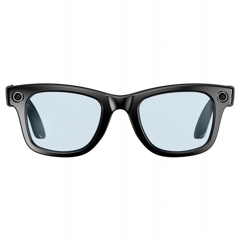 Black sunglasses with blue lenses on a white background