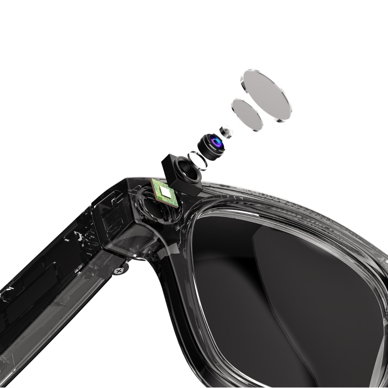 Close-up of a smartphone with a camera lens and screen on a white background