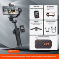 Gimbal stabilizer set with smartphone mount, screen controller, AI tracker, tripod, charging cable, and storage bag on a gray background.