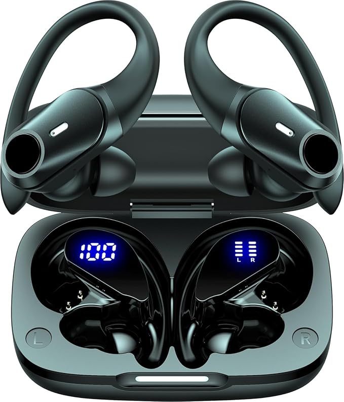 Black wireless earbuds with charging case on a white background